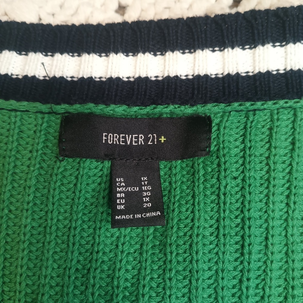 Forever 21 Green Cable Knit 1X Sweater Stripe Academia Varsity‎ Cardigan Prep - Picture 4 of 12
